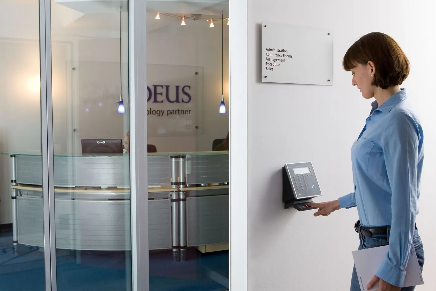 Employee using a wall-mounted access terminal at an office entrance