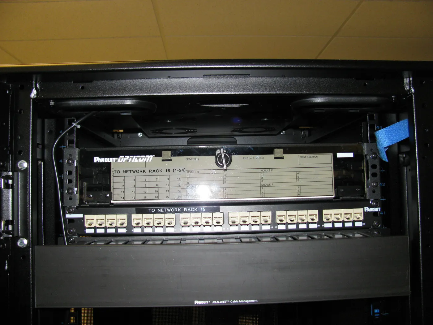 Network cabinet with Cat6 patch panel and fibre enclosure