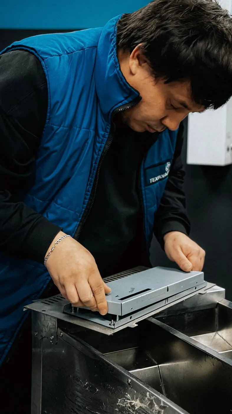 Technician installing hardware into a server chassis